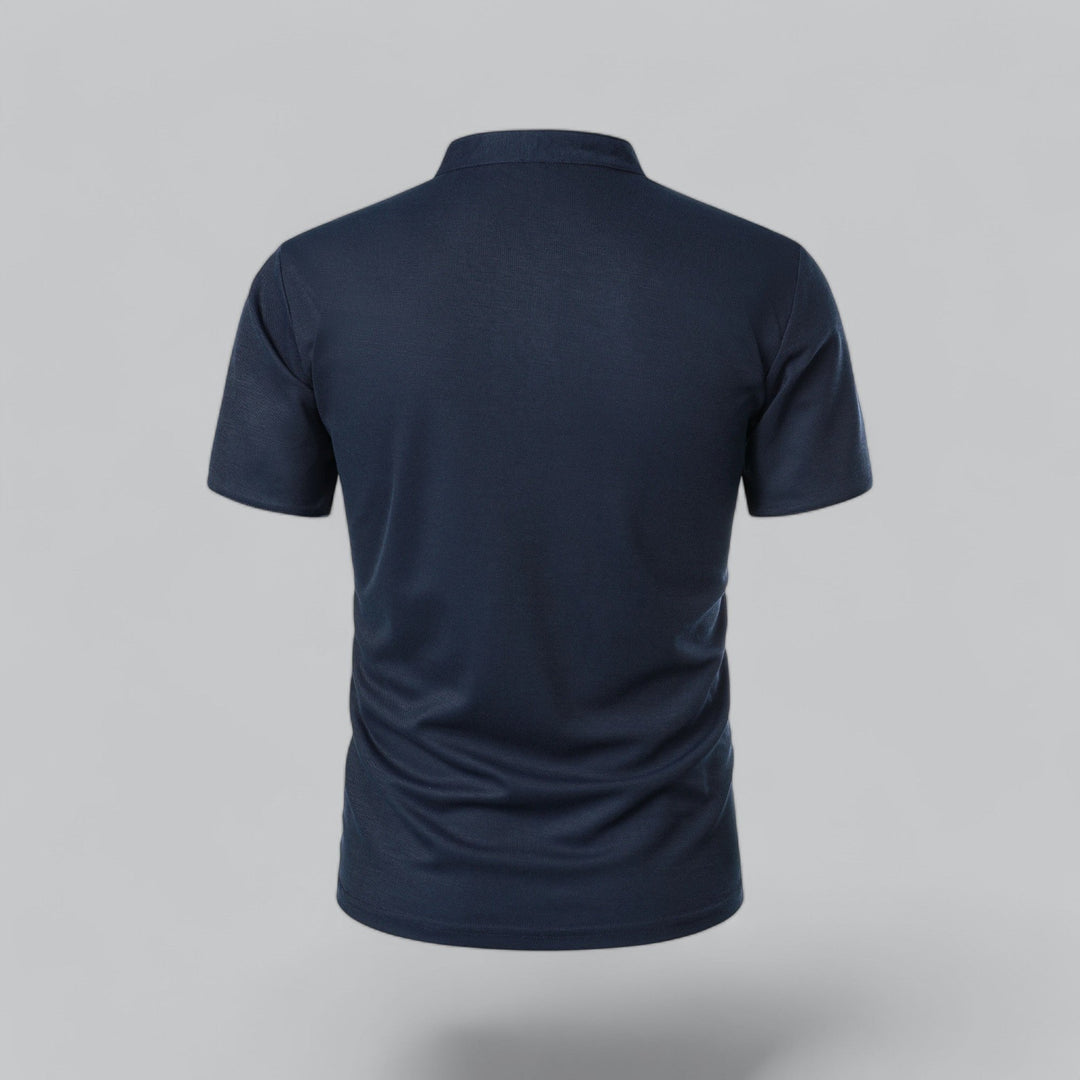 Folded men's short sleeve mandarin collar shirt, three-button design, ready for travel.