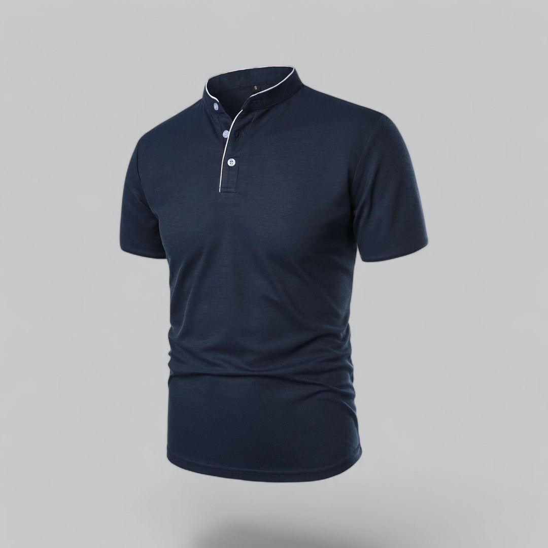 Men's button-up mandarin collar polo shirt, short sleeve, with a refined three-button placket.