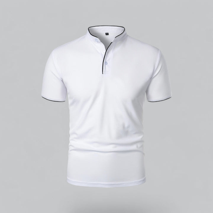 Versatile men's mandarin collar polo, three-button, short sleeve for sophisticated casual style.