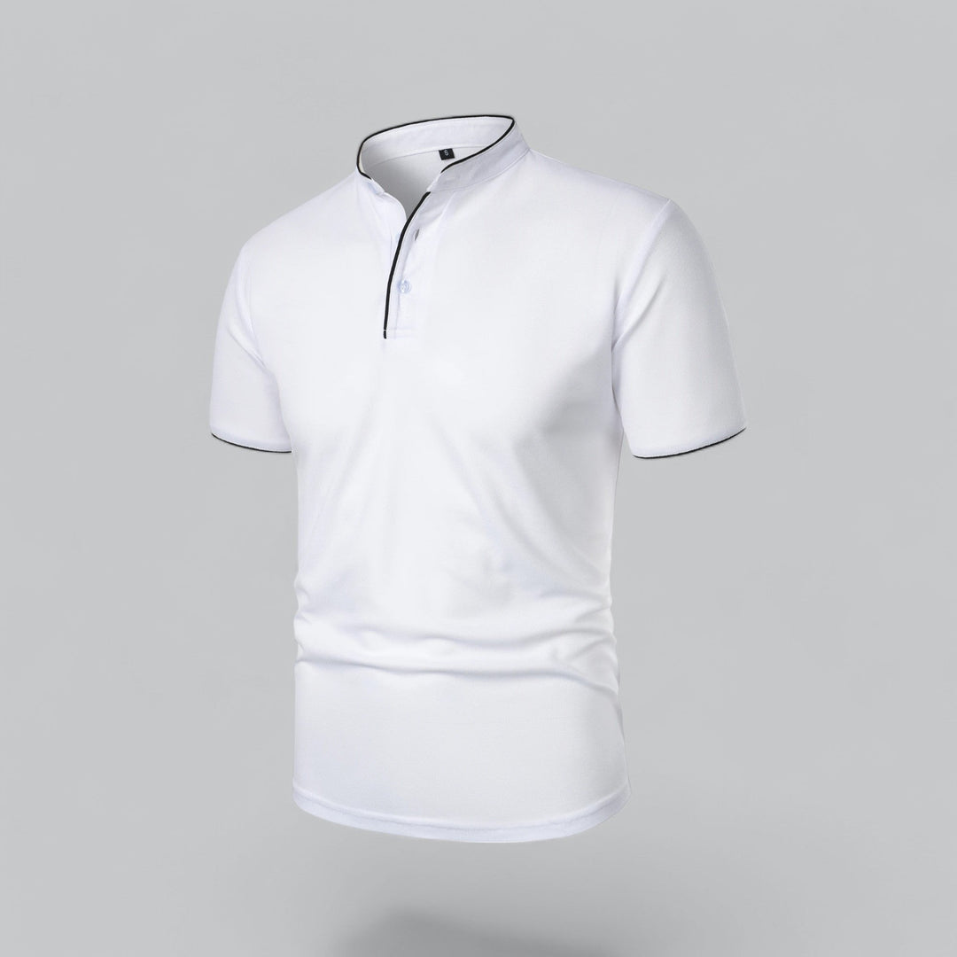 Comfortable men's short sleeve polo shirt with a refined mandarin collar and three buttons.