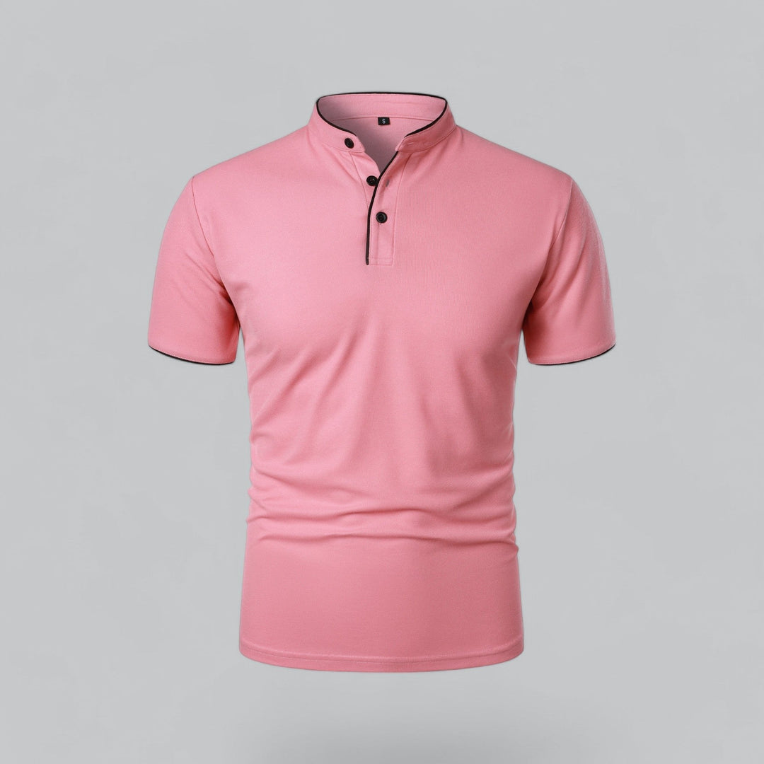 High-quality fabric close-up of men's 3-button mandarin collar shirt, short sleeve texture.