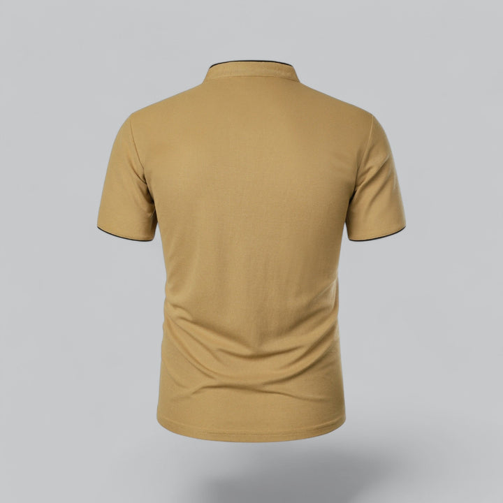 Sophisticated men's short sleeve mandarin collar shirt with three-button placket detail.
