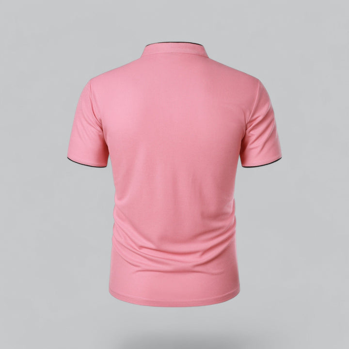 Men's refined short sleeve mandarin collar shirt for smart casual occasions, three-button detail.