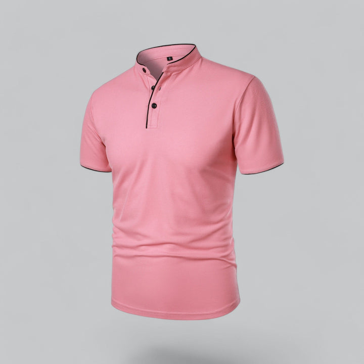 Elegant men's mandarin collar polo, short sleeve, three-button front, a fashion essential.