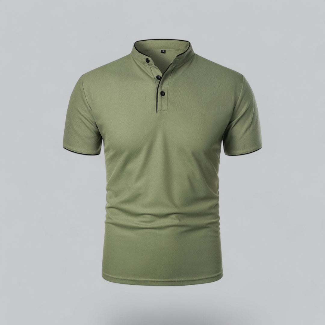 Men's summer fashion: short sleeve mandarin collar shirt, 3-button, relaxed yet refined.