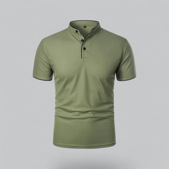 Men's summer fashion: short sleeve mandarin collar shirt, 3-button, relaxed yet refined.