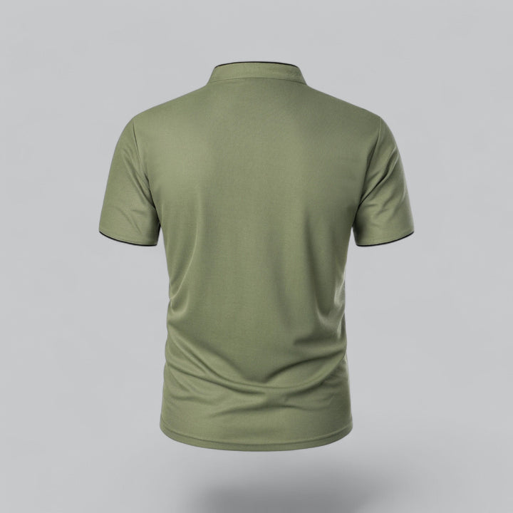 Men's sophisticated three-button mandarin collar polo, short sleeve, perfect for everyday style.