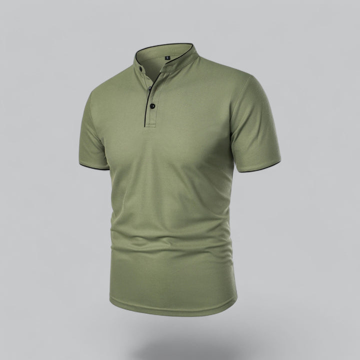 Product shot of men's short sleeve mandarin collar shirt, refined 3-button detail, studio light.