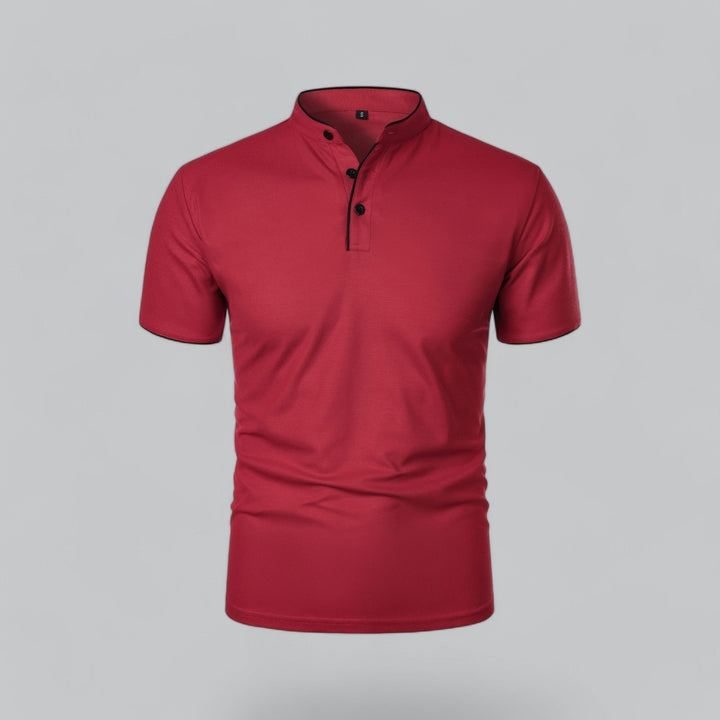 Men's casual short sleeve mandarin collar polo, three-button closure, for relaxed fashion.
