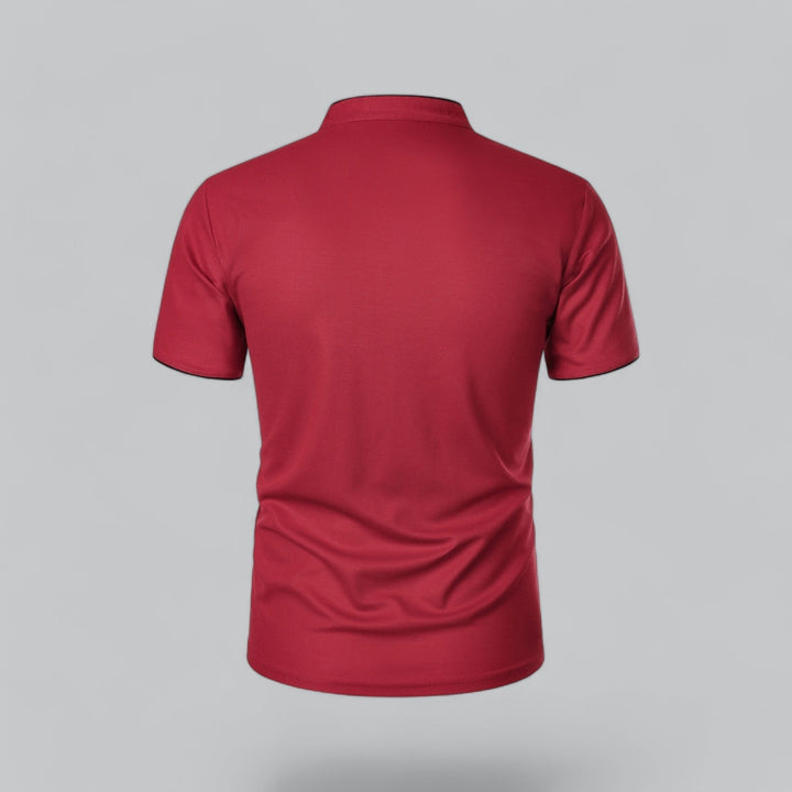 Contemporary men's mandarin collar shirt, short sleeve, 3-button, for an elevated look.