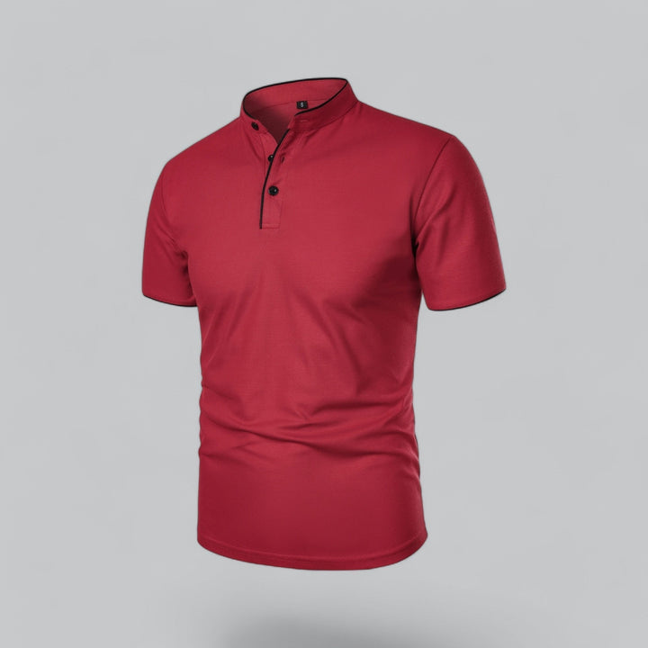 Men's refined short sleeve mandarin collar shirt, button-up, with elegant three-button styling.