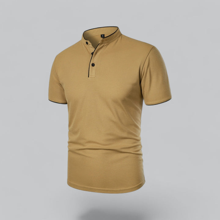 Stylish men's 3-button mandarin collar polo, short sleeve, perfect for a refined look.