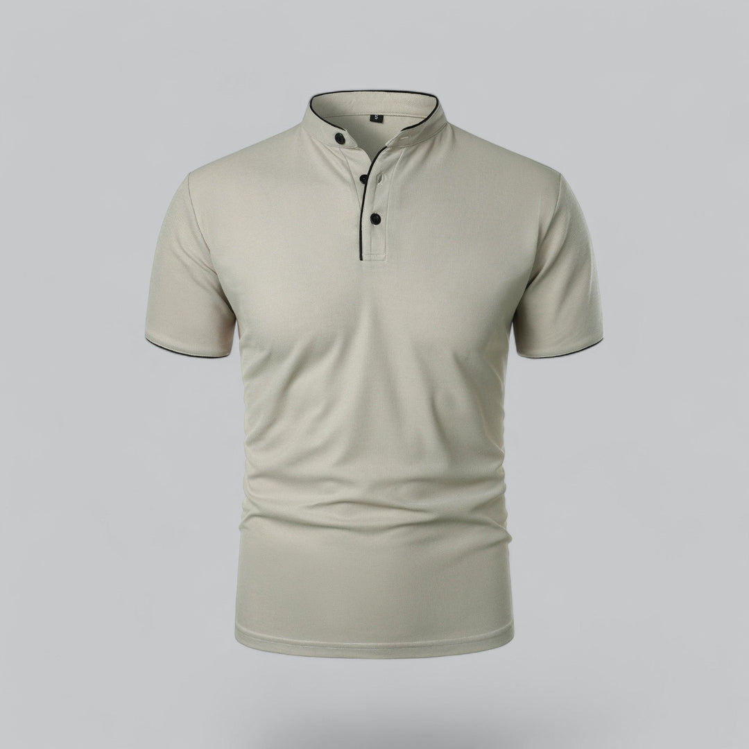 Casual men's short sleeve mandarin collar shirt, refined three-button design for comfort.