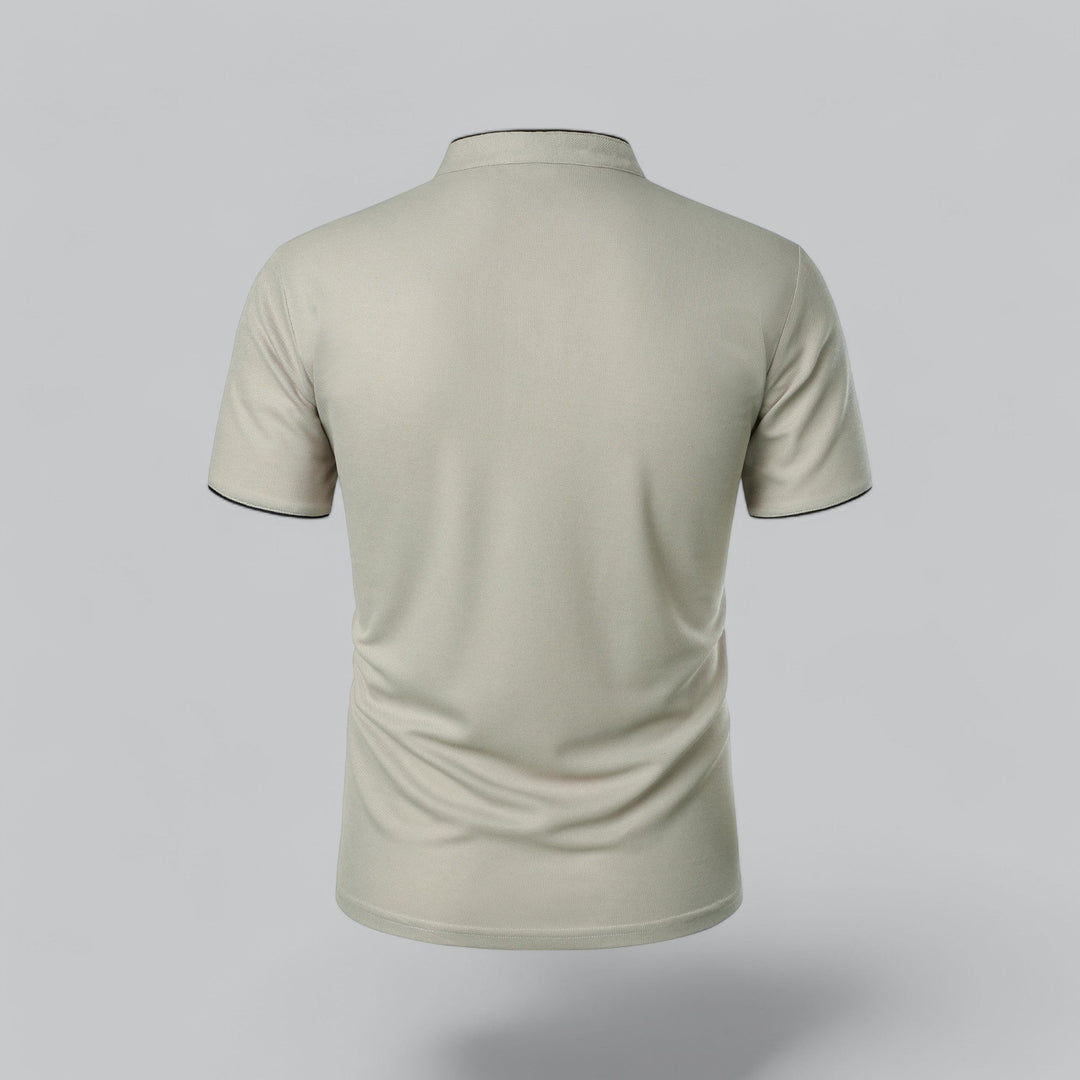 Men's fashion mandarin collar polo, three-button closure, short sleeve, sophisticated style.