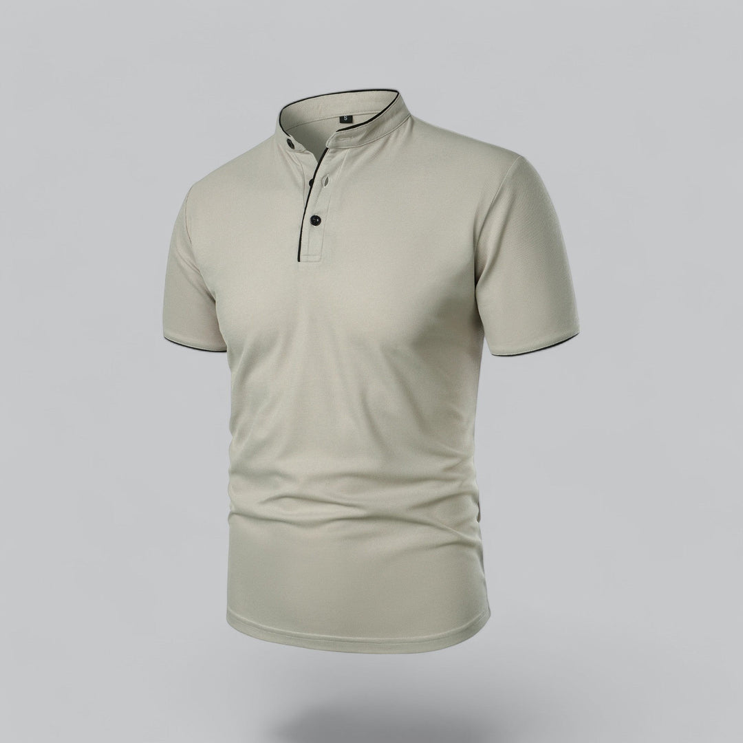 Front view of a men's refined short sleeve mandarin collar shirt, featuring three buttons.