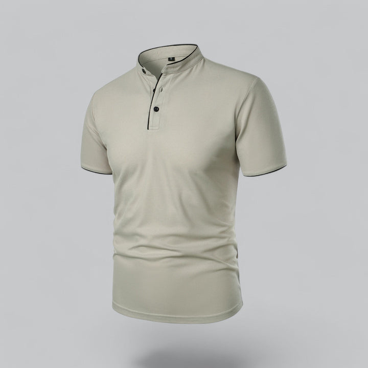 Front view of a men's refined short sleeve mandarin collar shirt, featuring three buttons.