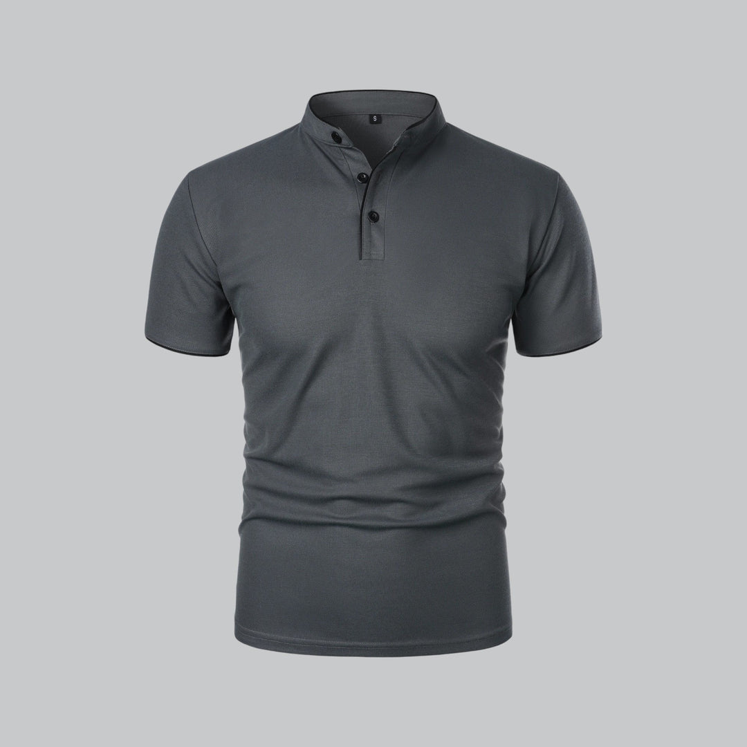 Side profile of men's smart casual mandarin collar polo, 3-button, short sleeve design.