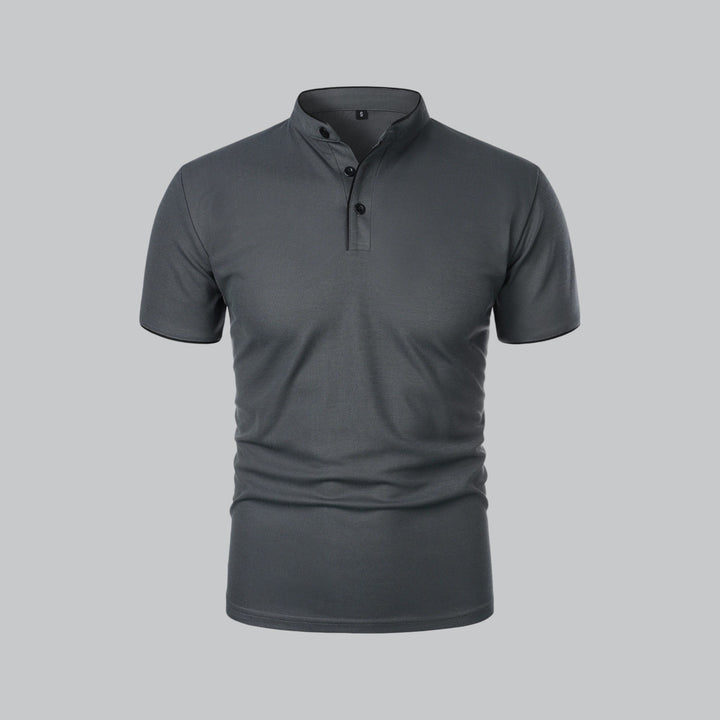 Side profile of men's smart casual mandarin collar polo, 3-button, short sleeve design.