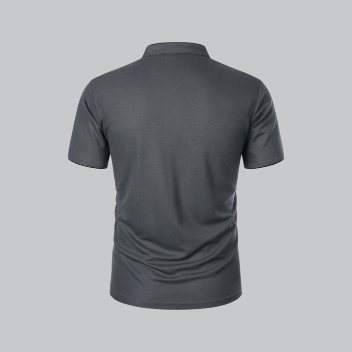 Close-up of the mandarin collar & three-button placket on men's short sleeve polo shirt.