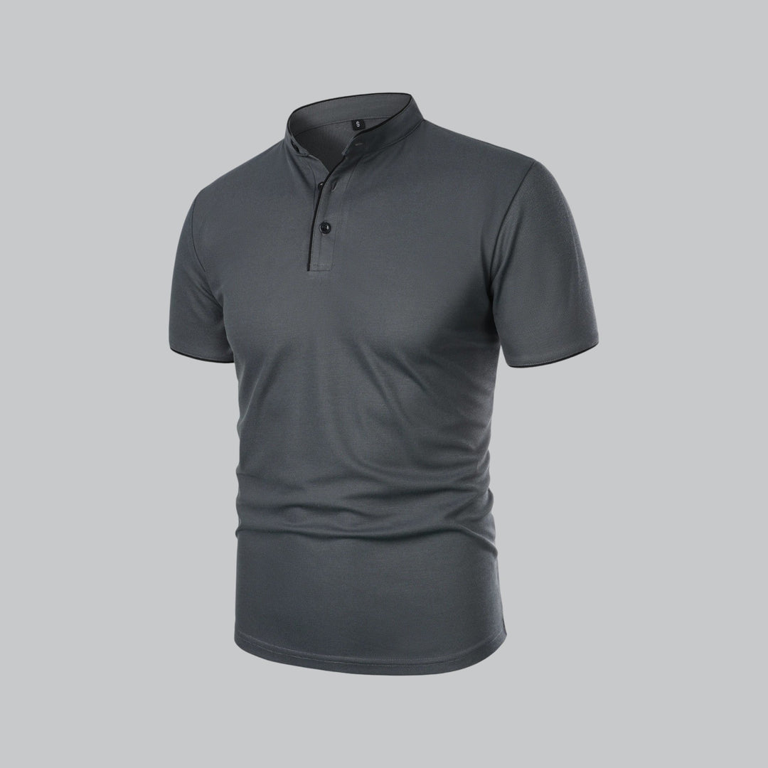 Detailed three-button placket on men's refined mandarin collar short sleeve button-up shirt.