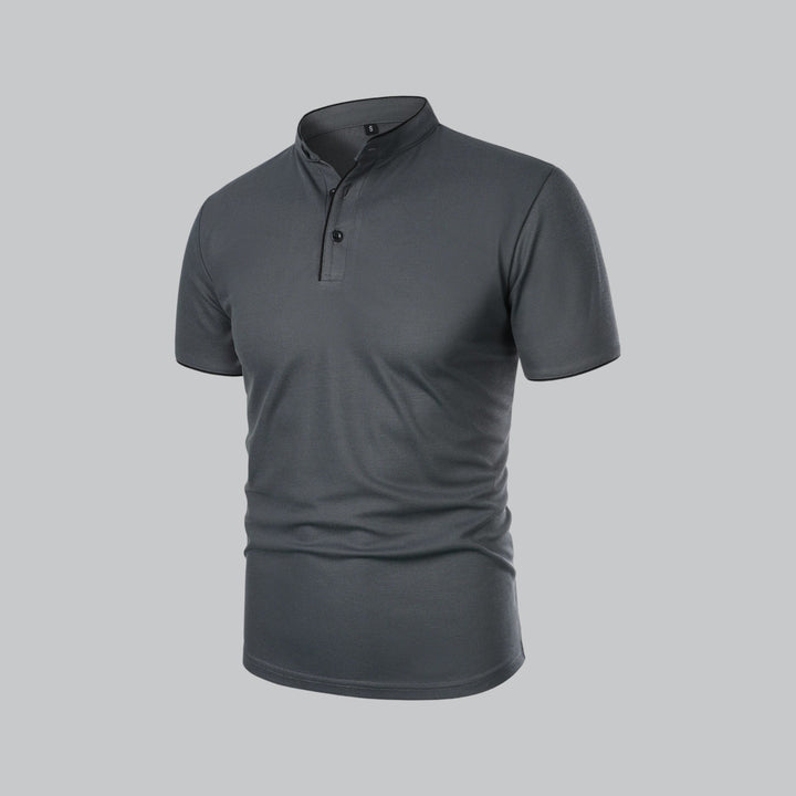 Detailed three-button placket on men's refined mandarin collar short sleeve button-up shirt.