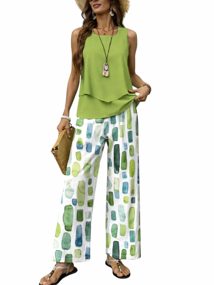 Women's green printed sleeveless wide-leg lounge set, perfect for casual summer wear & relaxed fit.