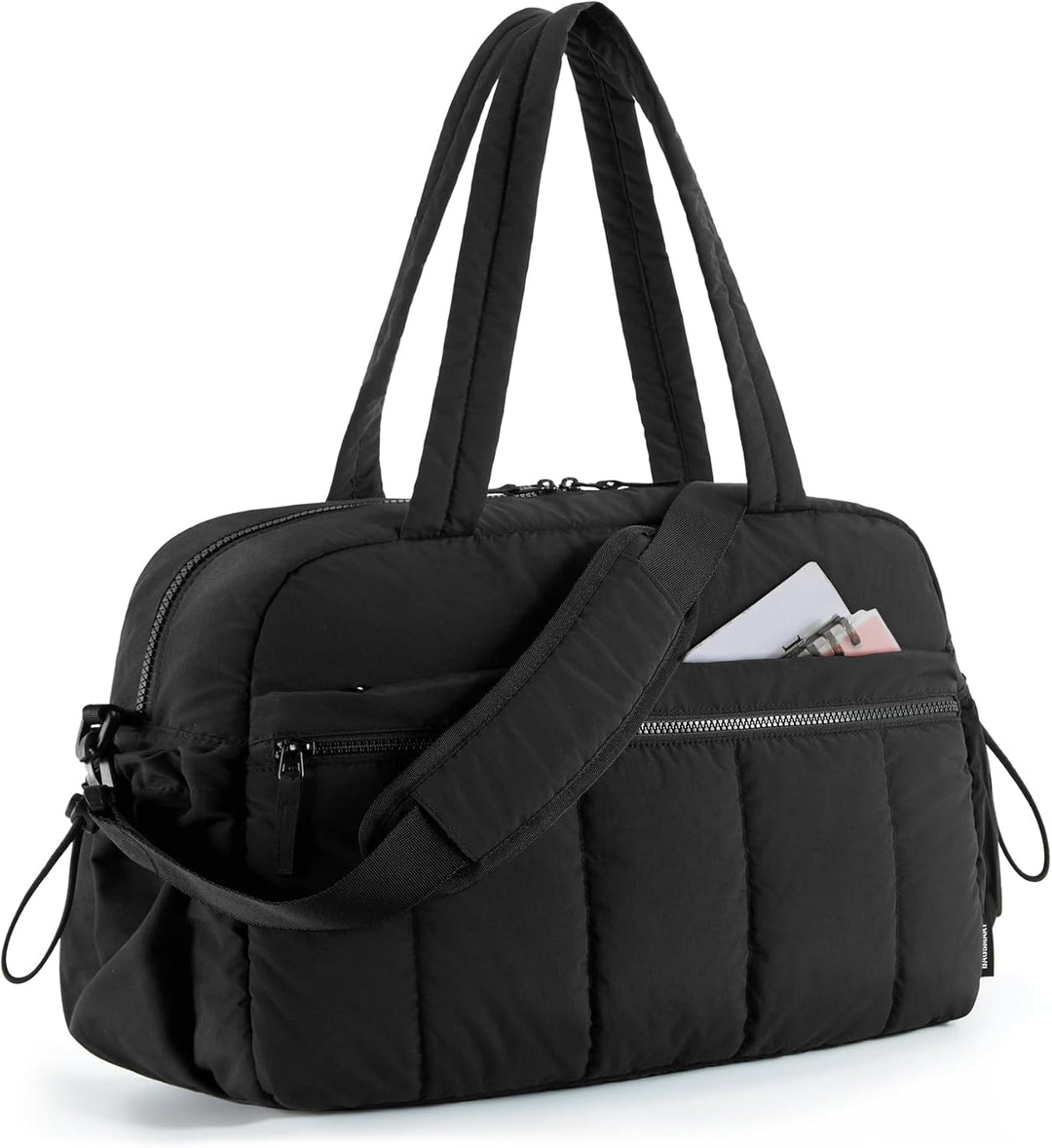 Black women's gym duffle bag, ideal for travel, sports, or as a stylish everyday shoulder tote bag.