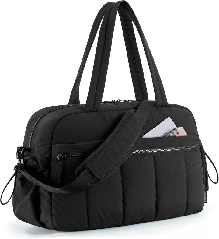 Black women's gym duffle bag, ideal for travel, sports, or as a stylish everyday shoulder tote bag.