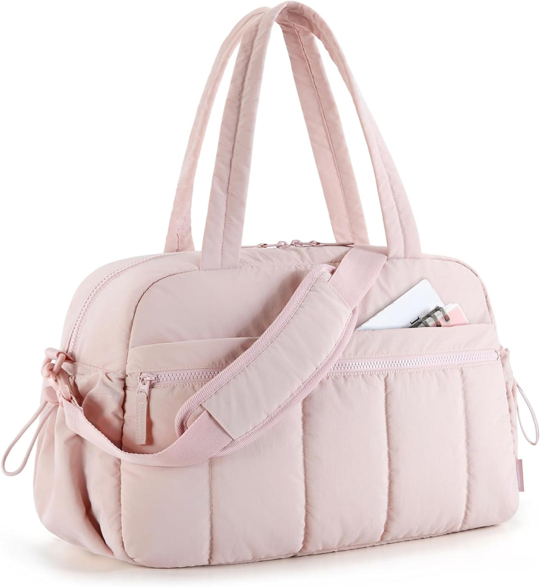 Pink women's versatile shoulder duffle bag, great for gym, travel, and stylish everyday carry essentials.
