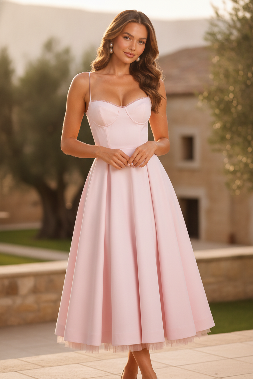 Women's sophisticated midi cocktail dress with sweetheart corset, perfect for elegant evening parties & special occasions.