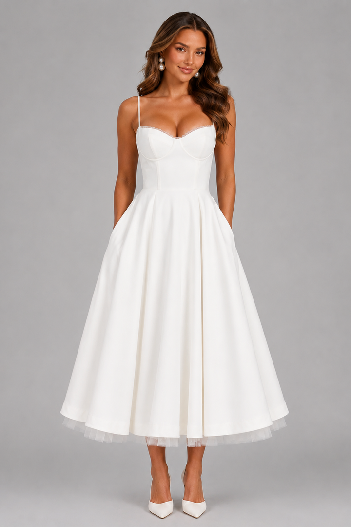 Yellow midi cocktail dress for women, sophisticated formal wear with a sweetheart neckline and stylish corset design.