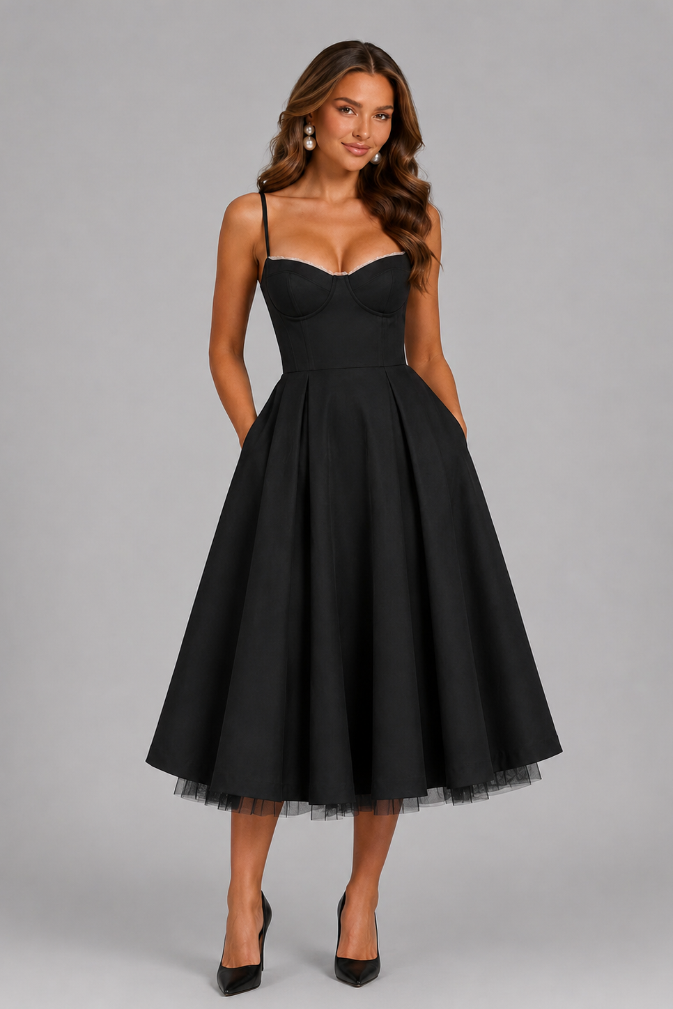 Women's sophisticated midi dress, perfect for formal events. Features an elegant corset and flattering sweetheart neckline.