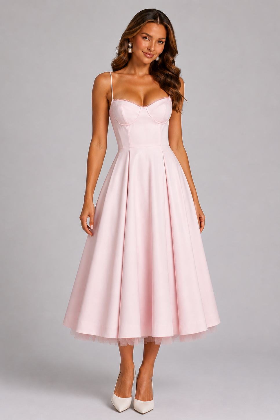 Elegant pink midi cocktail dress for women featuring a sweetheart neckline and corset detail. Ideal for wedding guests.