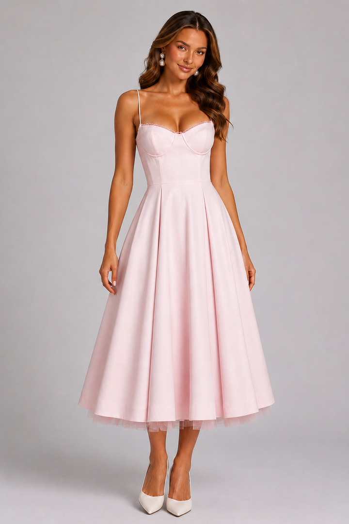 Elegant pink midi cocktail dress for women featuring a sweetheart neckline and corset detail. Ideal for wedding guests.