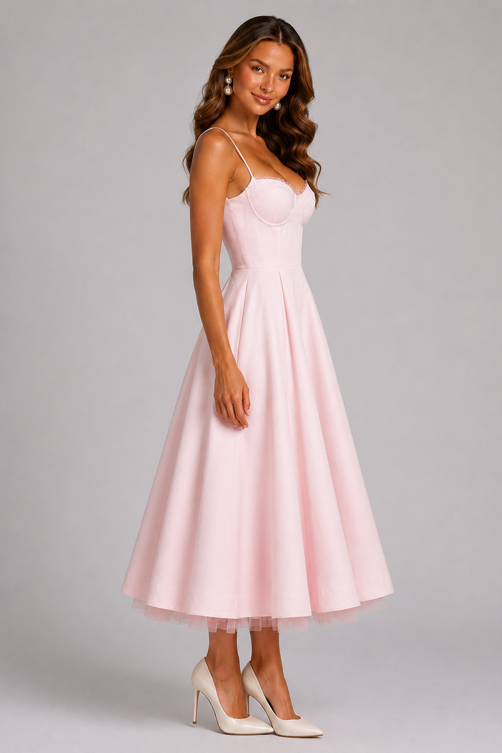 Chic black midi cocktail dress, women's formal wear with a flattering corset & sweetheart neckline. Great for parties.