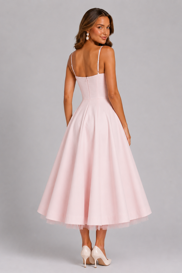 Women's midi corset dress featuring a flattering sweetheart neckline, an elegant choice for cocktail parties & events.