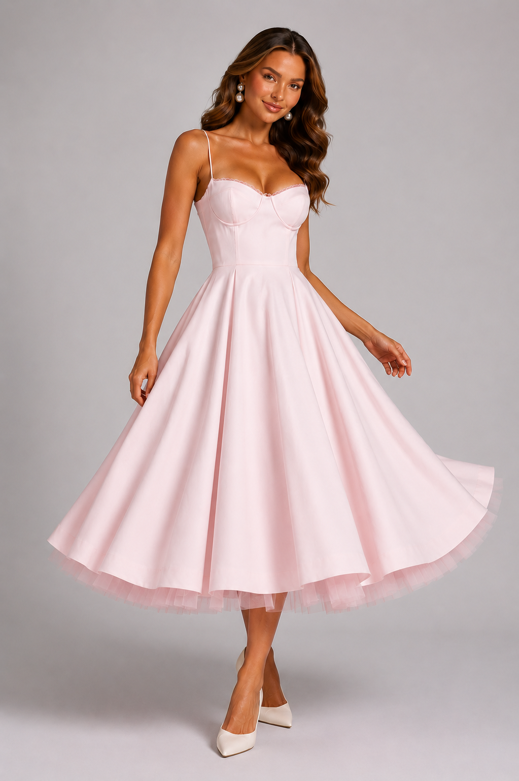 Midi cocktail party dress for women, a formal design with a sophisticated corset and sweetheart neckline. Evening wear.