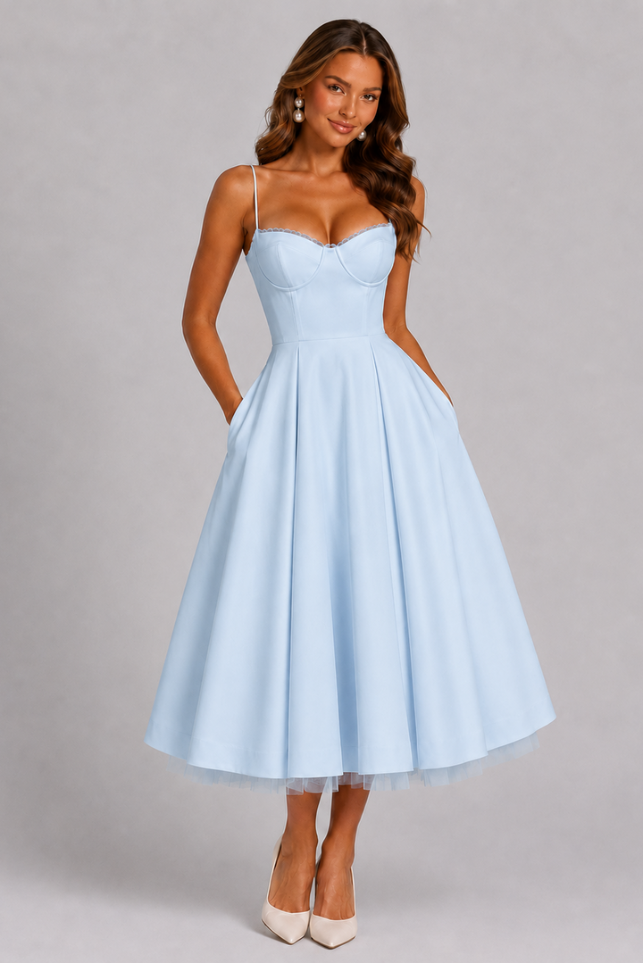 Women's formal midi dress, ideal for wedding guests. Features a sophisticated corset and elegant sweetheart neckline.