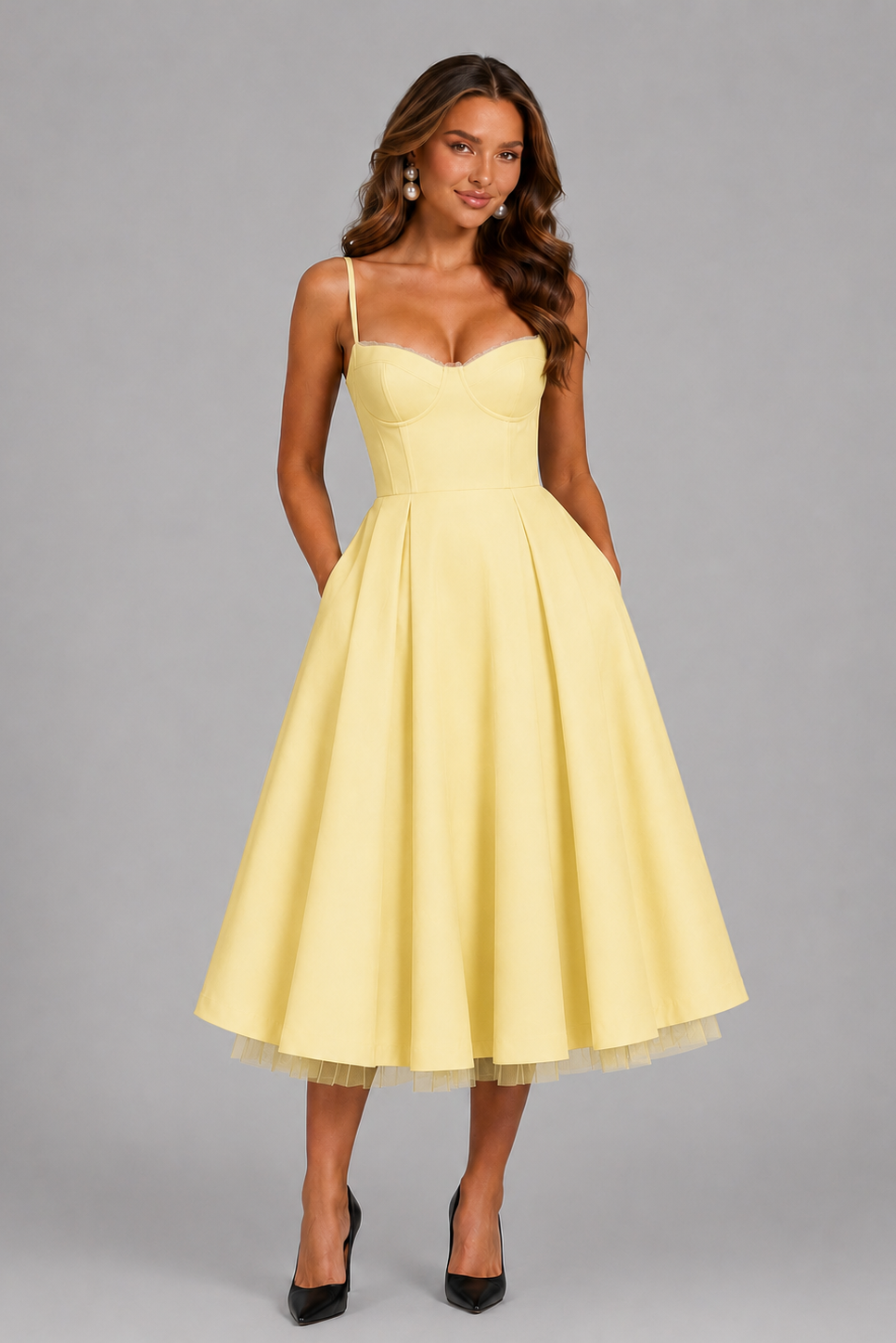 Elegant women's evening dress, a sophisticated midi party dress with corset and sweetheart neckline. Special occasion.