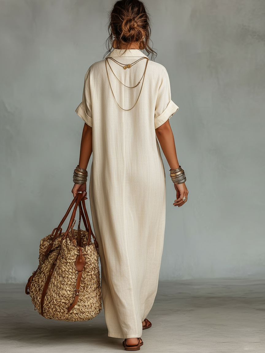 Close-up of delicate embroidery on the V-neck of a women's relaxed fit boho maxi dress. Casual summer style.