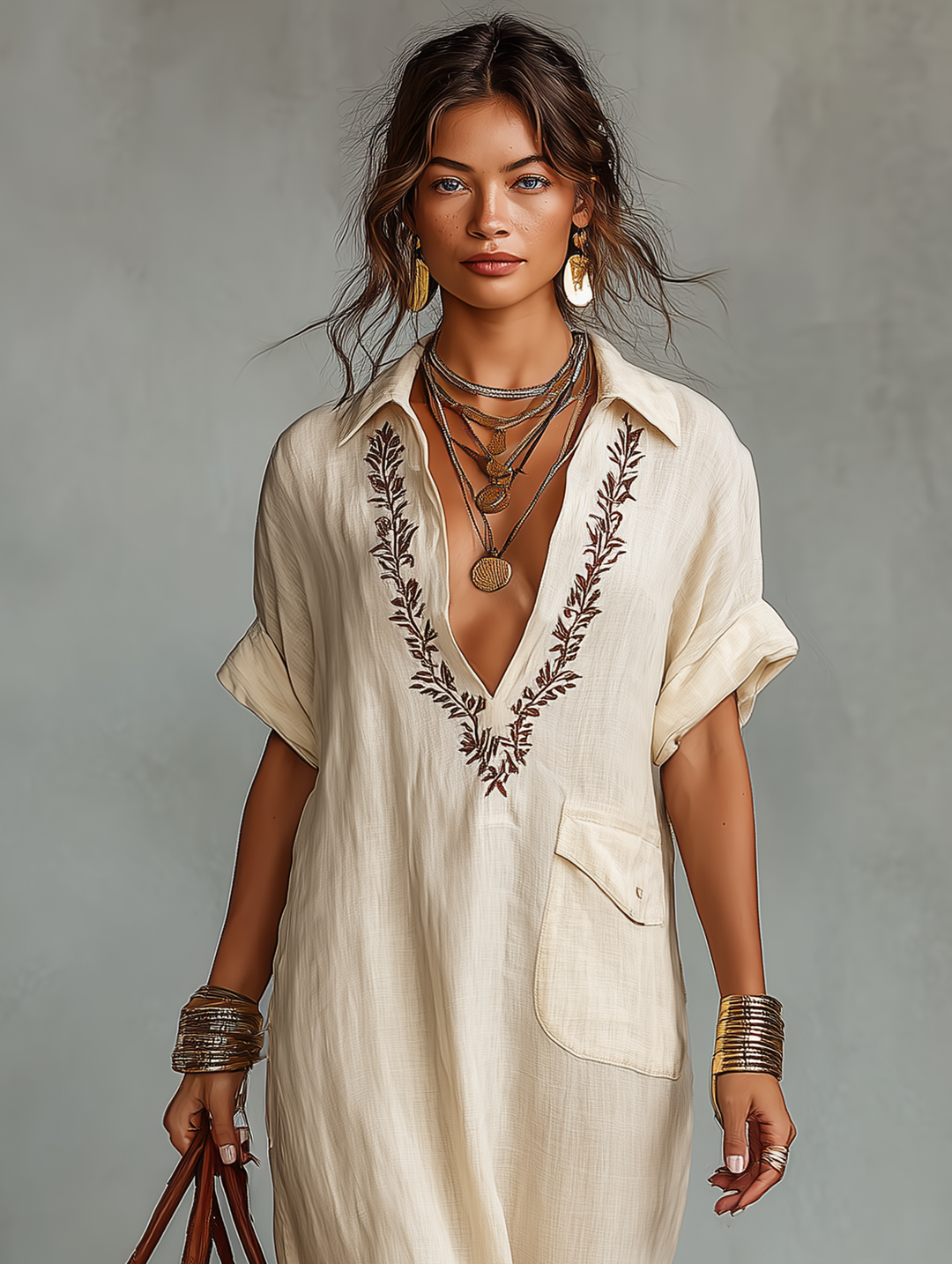 Side profile of a women's timeless embroidered boho maxi dress, showcasing its flowy silhouette and V-neckline.