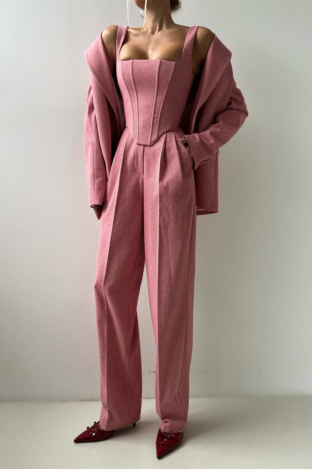 Bellamy Women's Three-Piece Herringbone Suit Set - Fabric Texture in Grey