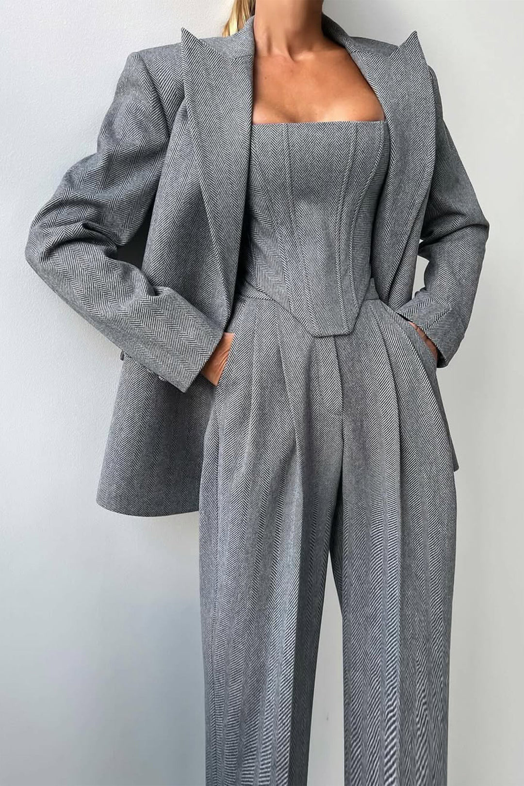 Bellamy Women's Three-Piece Herringbone Suit Set in Grey