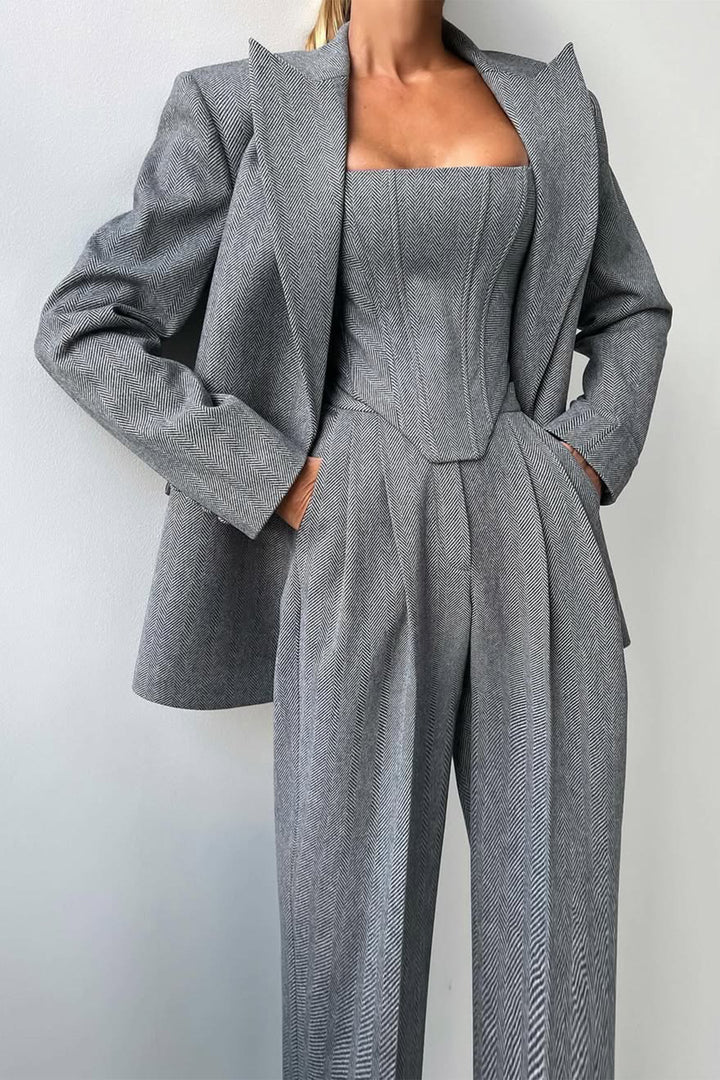 Bellamy Women's Three-Piece Herringbone Suit Set in Grey