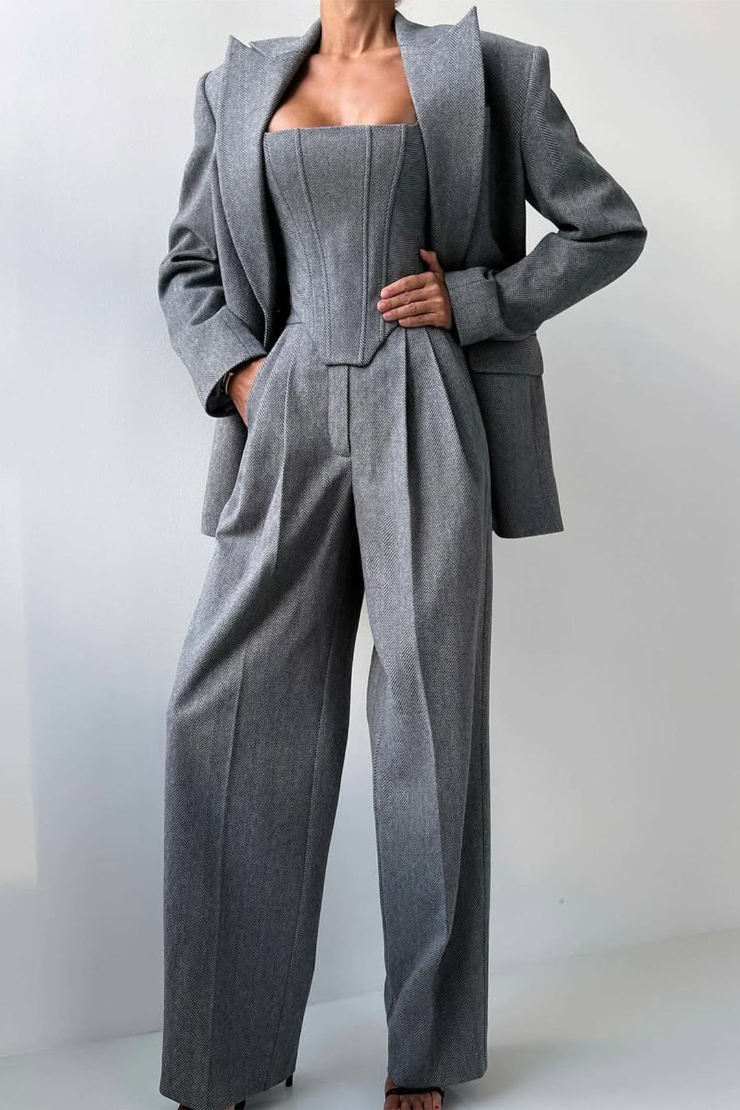 Bellamy Women's Three-Piece Herringbone Suit Set - Front View in Grey