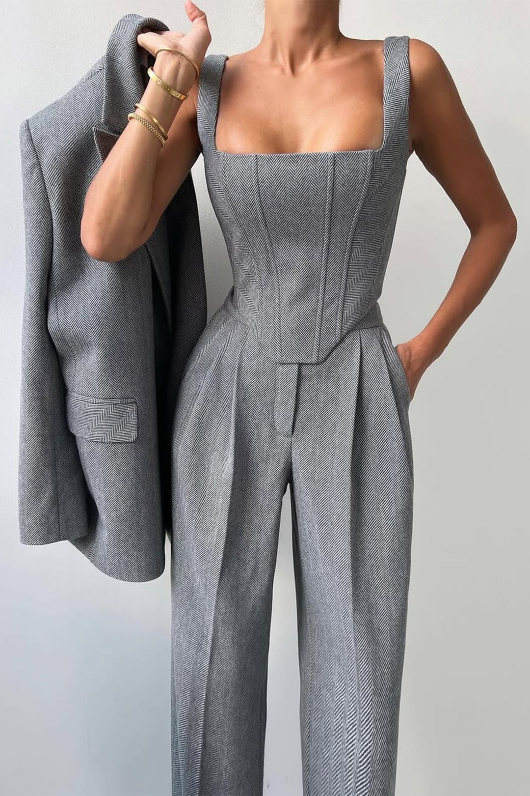 Women's Bellamy Three-Piece Herringbone Suit Set in Grey - Trousers Detail