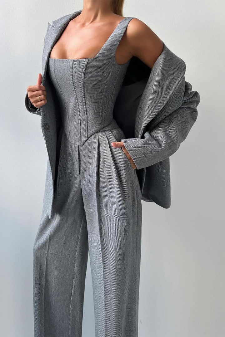 Women's Bellamy Three-Piece Herringbone Suit Set in Grey - Model Wearing Blazer