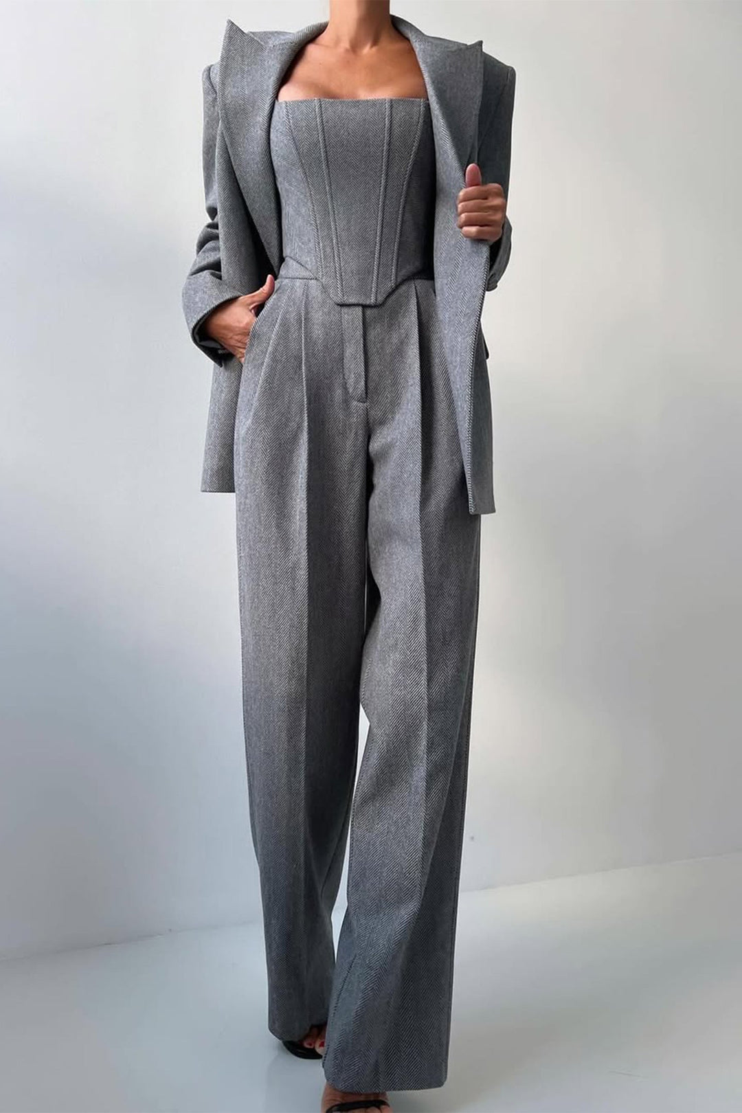 Bellamy Women's Three-Piece Herringbone Suit Set - Model Wearing in Grey