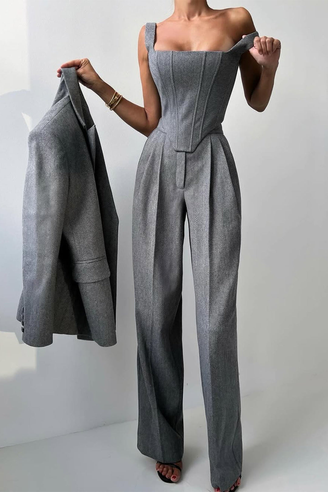 Bellamy Women's Three-Piece Herringbone Suit Set - Back View in Grey