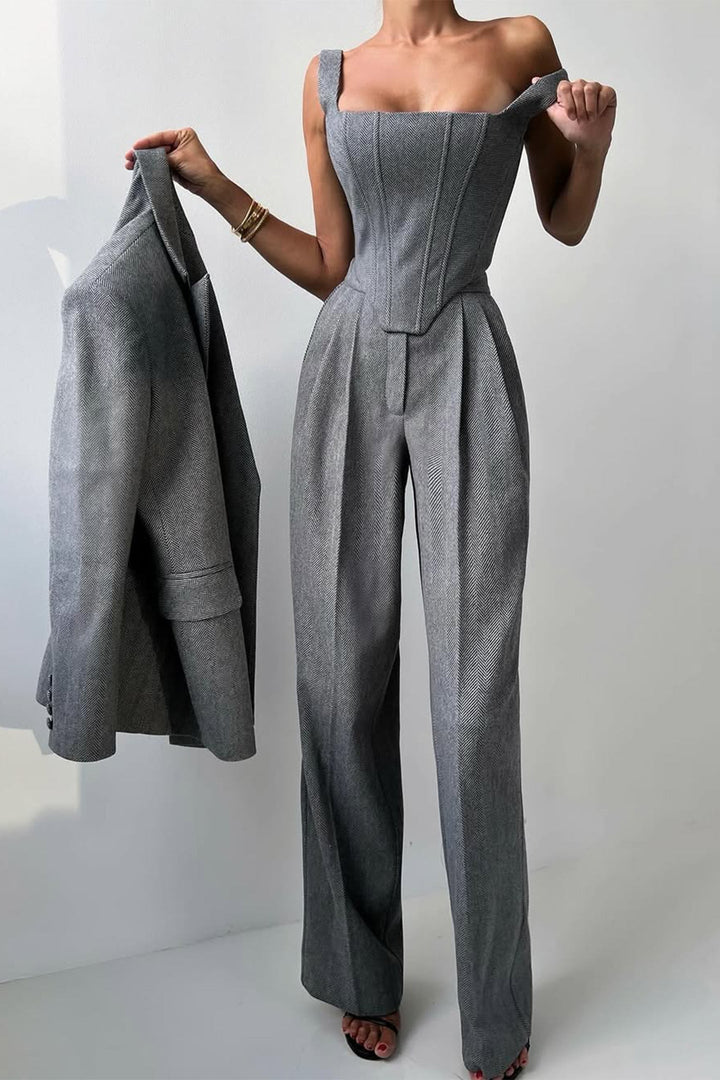 Bellamy Women's Three-Piece Herringbone Suit Set - Back View in Grey